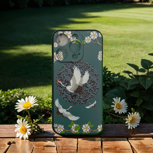 Flying Cranes & Floral Accents iPhone Cases